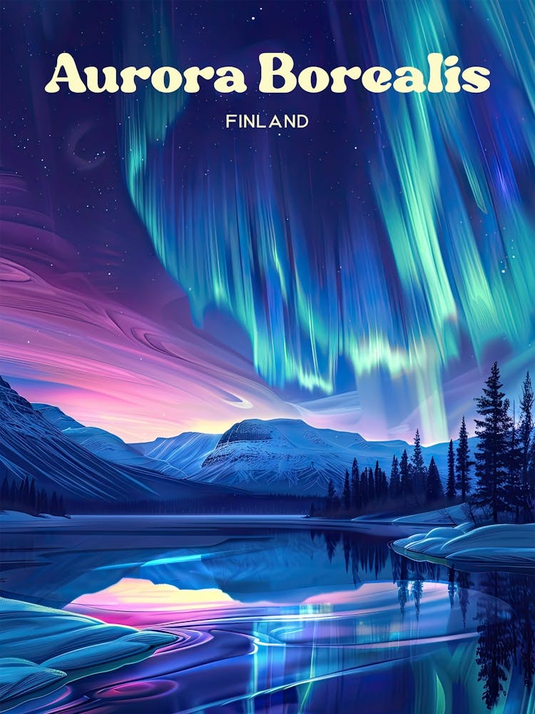 Aurora Borealis Finland Dancing Lights Travel Illustration