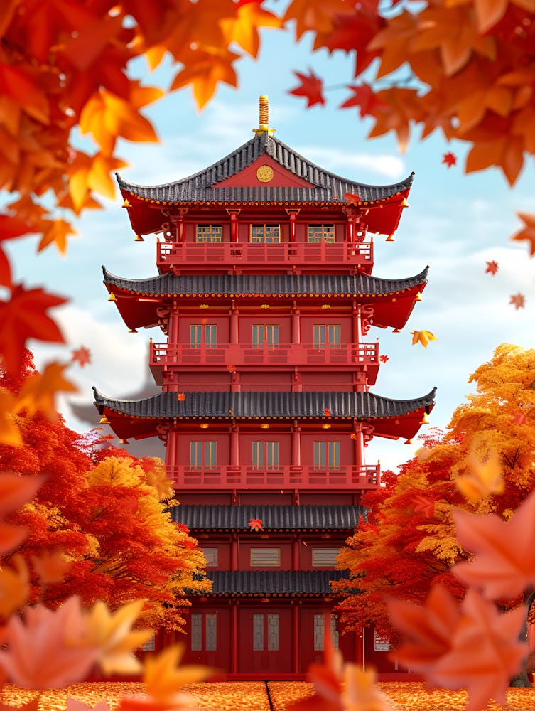 Autumn Leaves And Pagoda