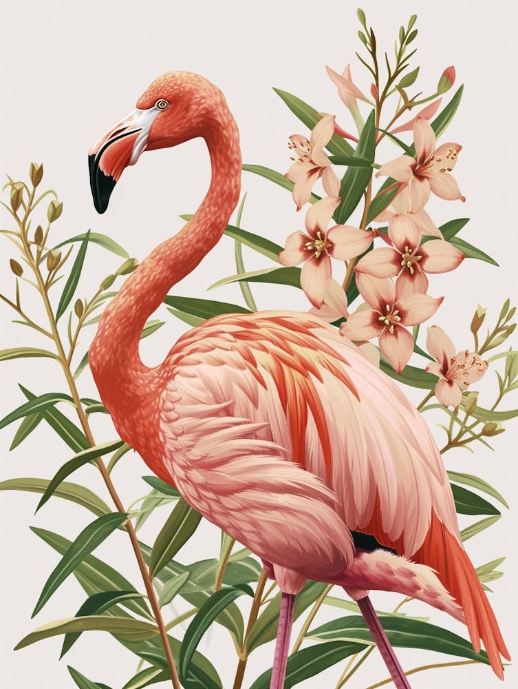 American Flamingo And Oleander Minimalist Illustration 2