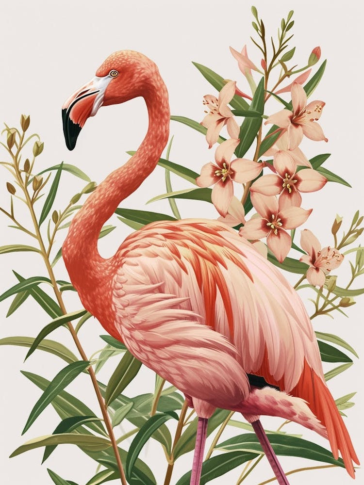 American Flamingo And Oleander Minimalist Illustration 2