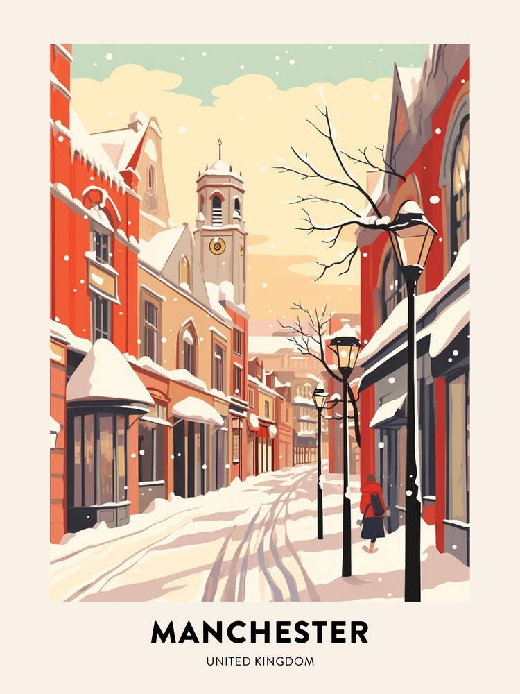 Vintage Winter Travel Poster Manchester United Kingdom 5