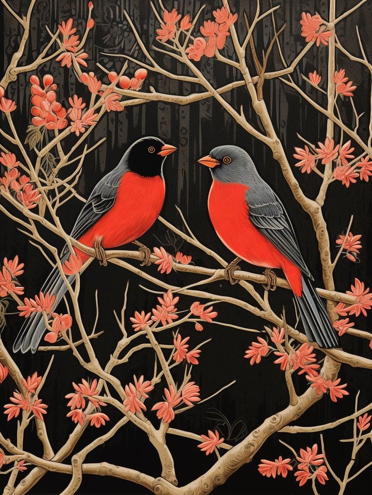 Birds And Branches Linocut Style 12