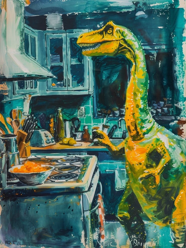 Dinosaur Cooking In The Kitchen Blue Brushstrokes 1