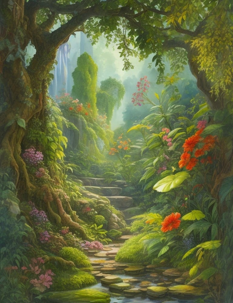 Painting Of A Waterfall In A Forest