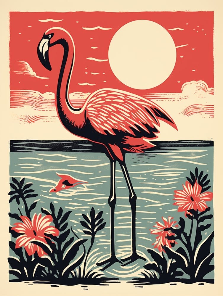 Vintage Bird Linocut Flamingo 4