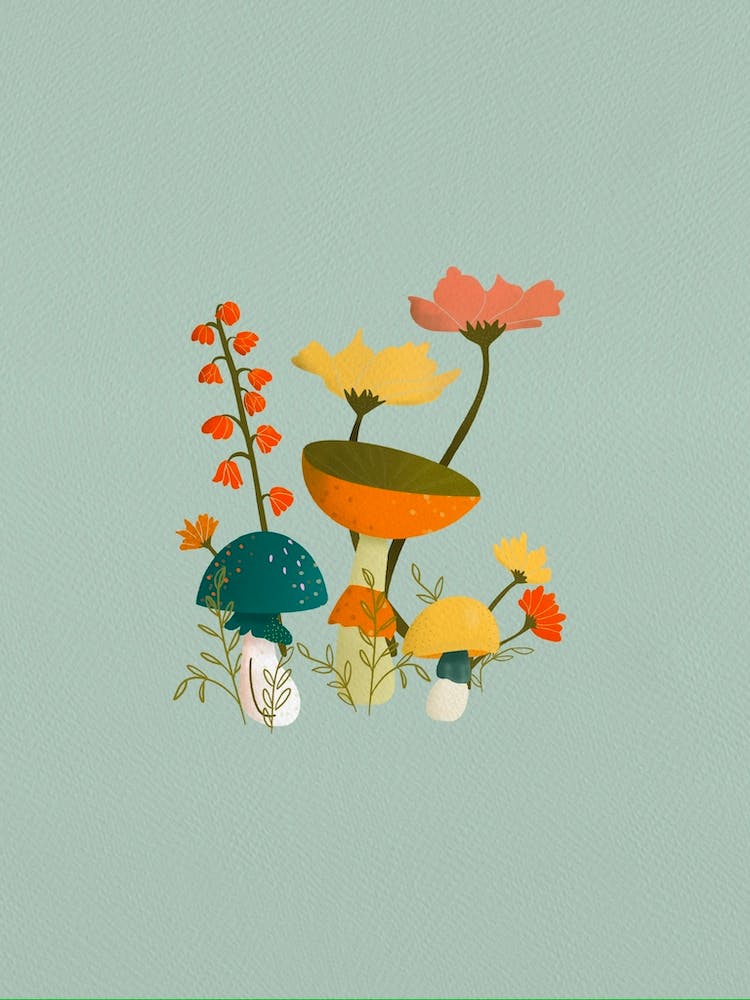 Mushrooms And Flowers Mint 1