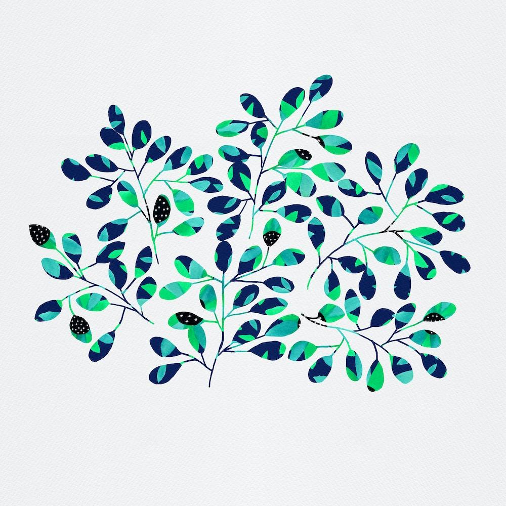 Polka Dot Leaf Sprig Blue Green