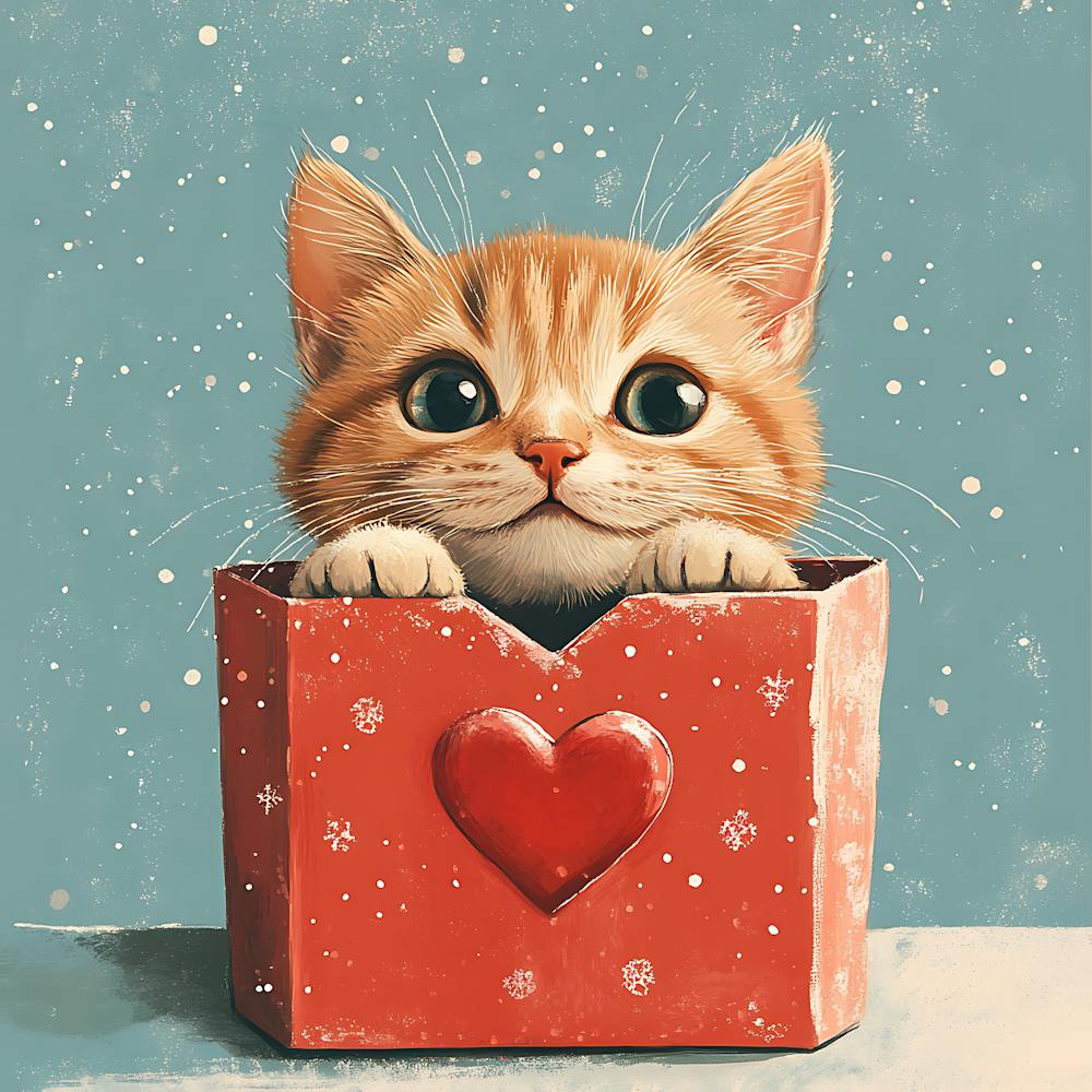 Cute Cat Peeking from Heart Gift Box