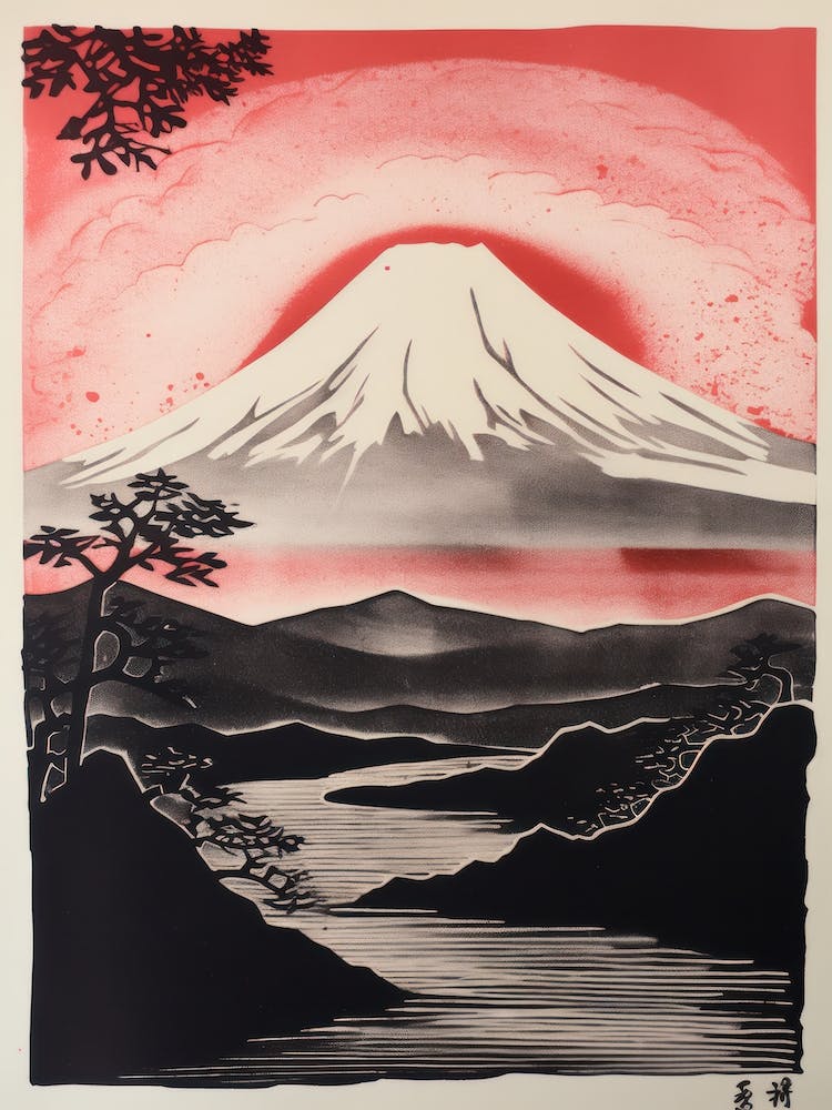 Mount Fuji Japan Linocut Illustration Style 2