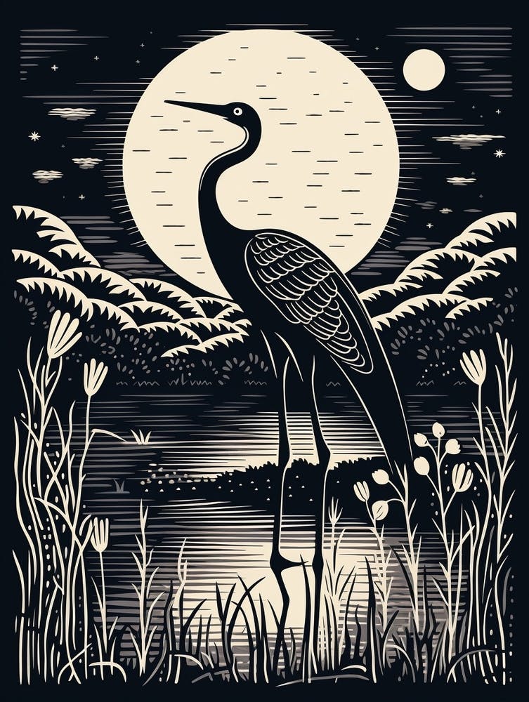 B&W Bird Linocut Crane 1