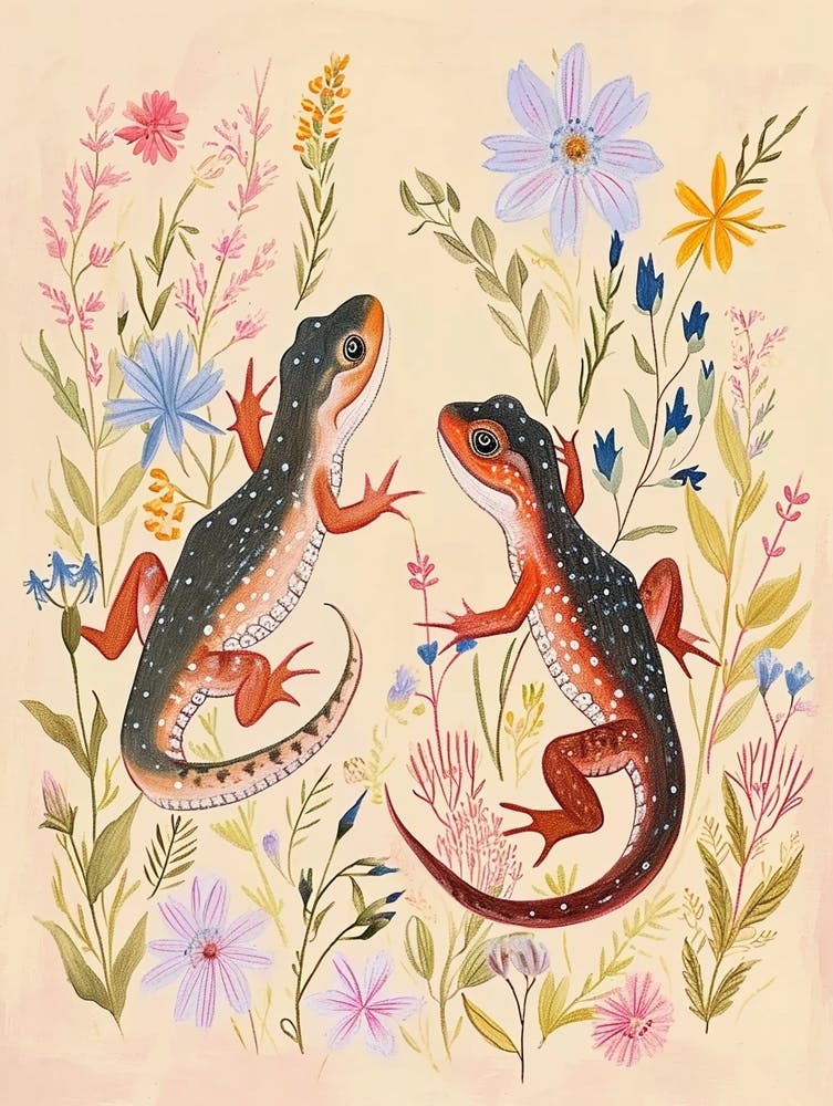 Folksy Floral Animal Drawing Salamander