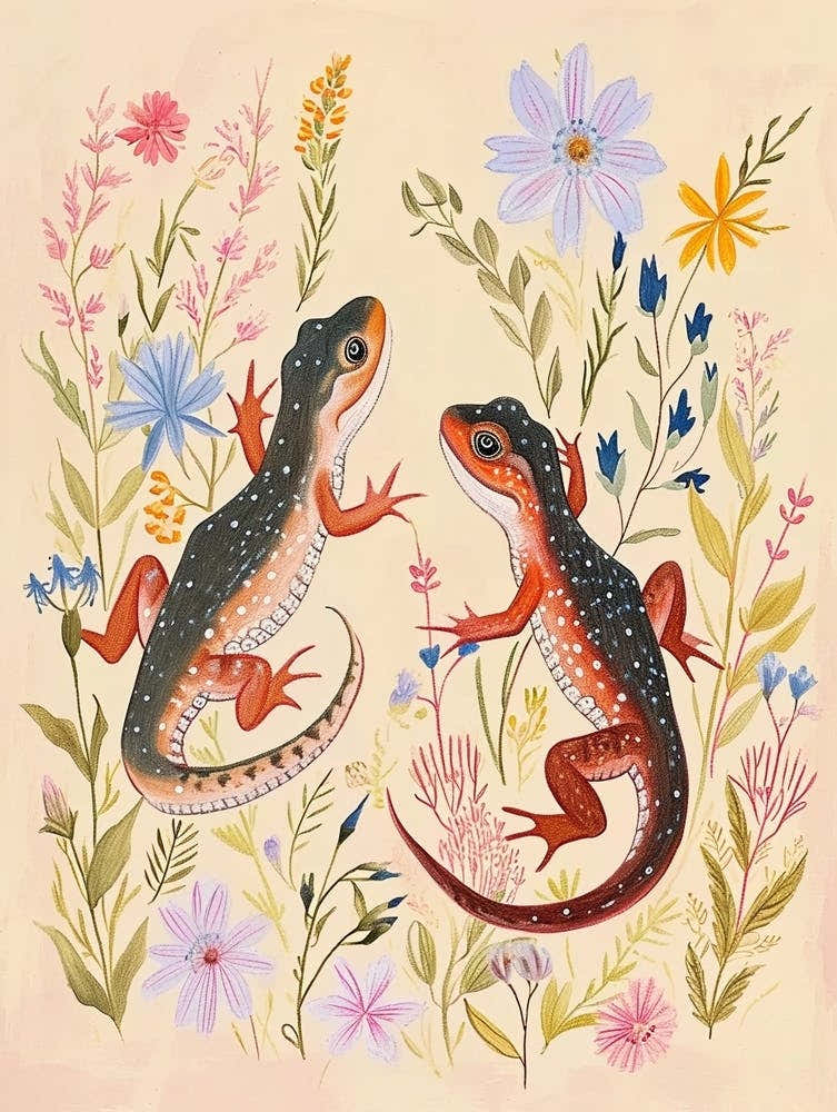 Folksy Floral Animal Drawing Salamander