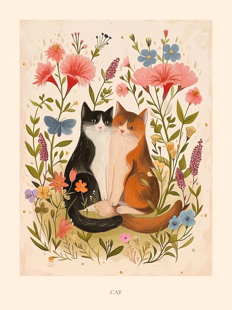Folksy Floral Animal Drawing Cat 10 Poster