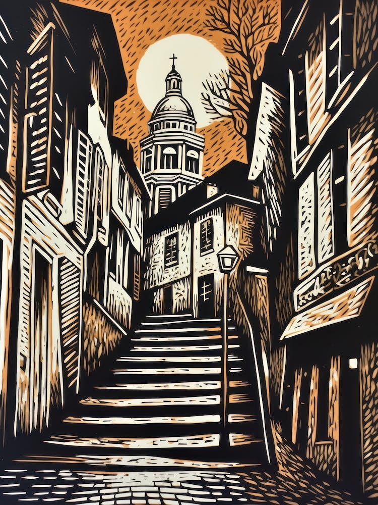 Montmartre Paris France Linocut Illustration Style 2