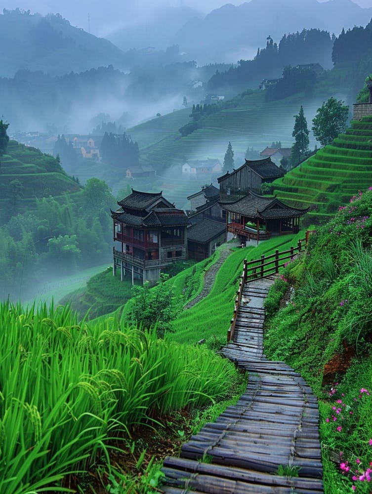 The Chinese Countryside, Houses And Small Bridges In The Distance, Green Rice Fields Under Rain, Wooden Stairs On Mountainsides, Misty Morning After The Foggy Weather Cleared, Rainy Season, Colorful Flowers Blooming On Both Sides Of
