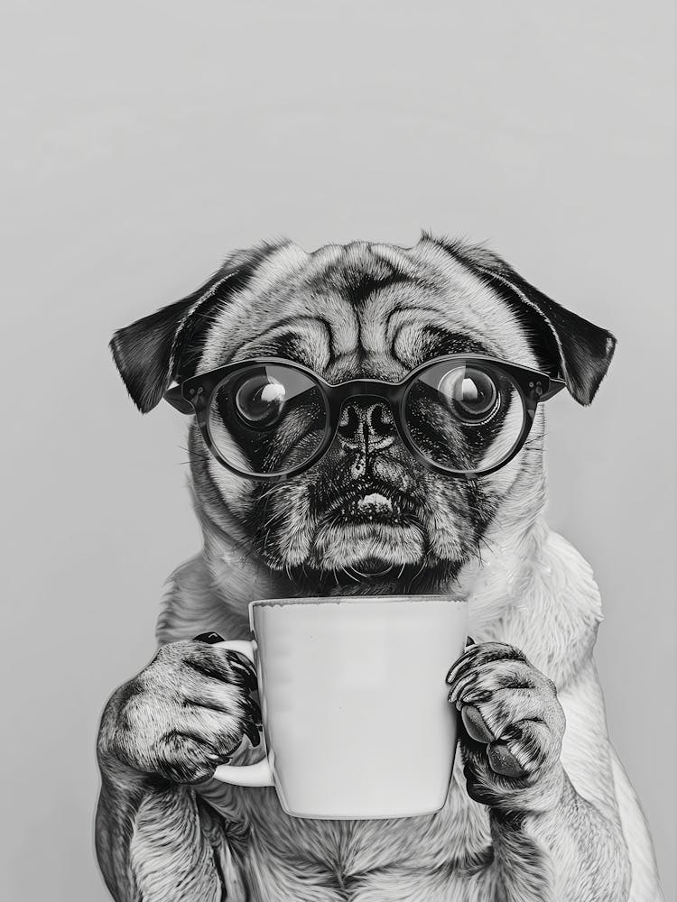 Pug Holding Coffee Wall Art, Black And White Print, Coffee Lover Print, Dog Gift, Funny Dog Poster, Coffee Bar Art, Kitchen Wall Decor