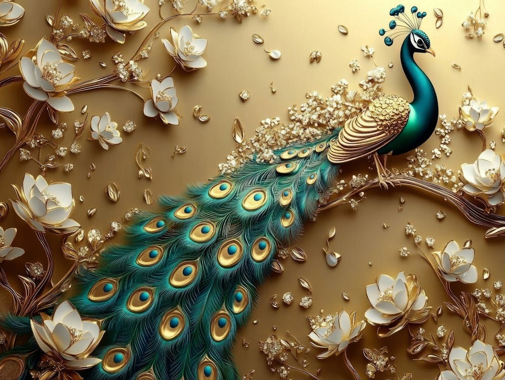 3d Peacock Illustration Background with Golden Jewelry