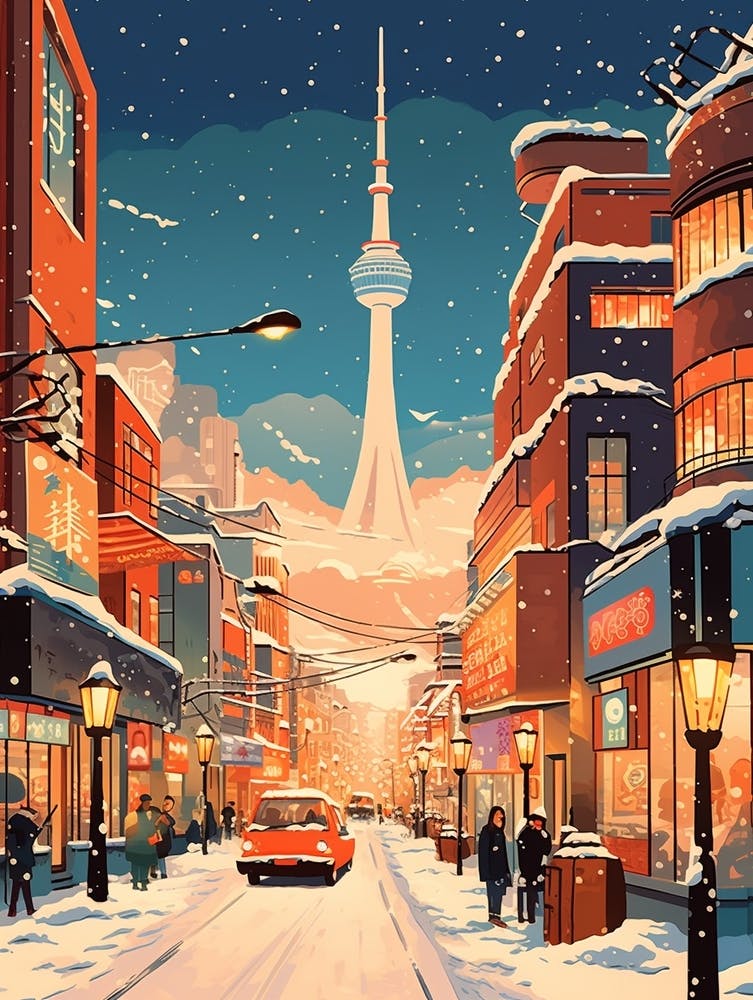 Winter Travel Night Illustration Seoul South Korea 1