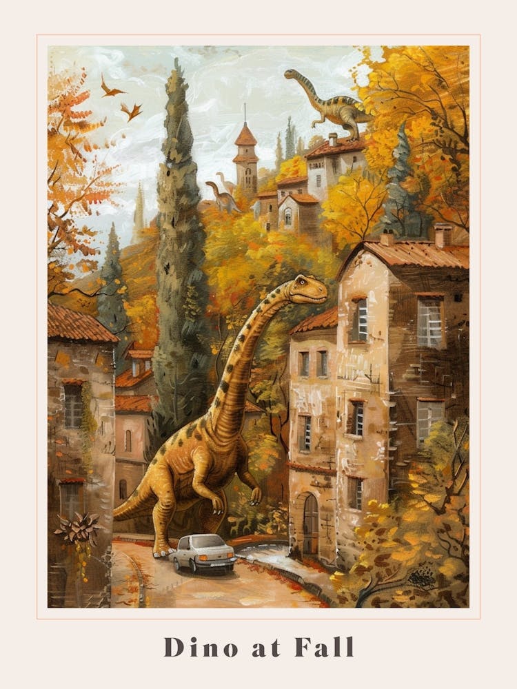 Dinosaurs In A Autumnal Mediterranean Painting 2 Poster