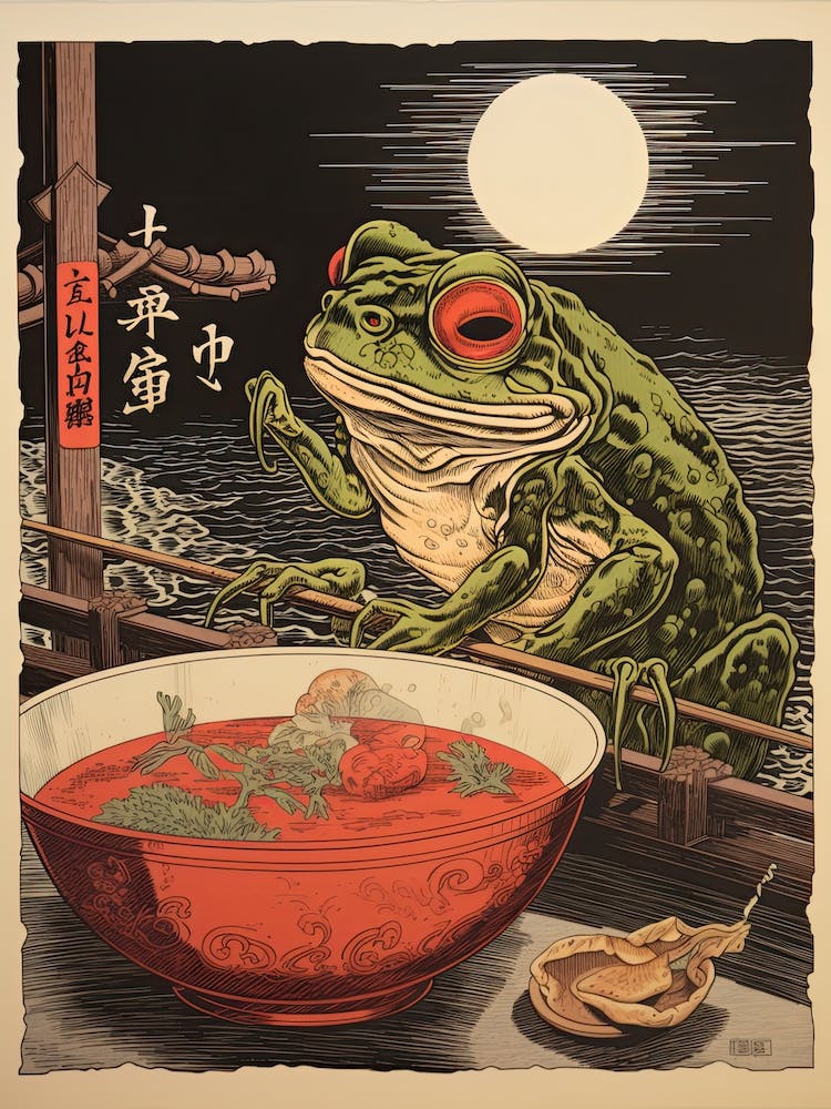 Frog Eating Ramen, Matsumoto Hoji Inspired Japanese Woodblock 2