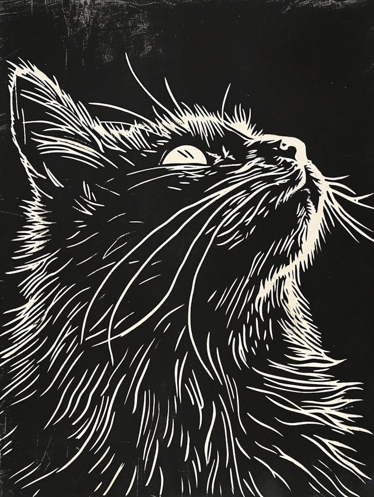 Turkish Angora Cat Linocut Blockprint 6