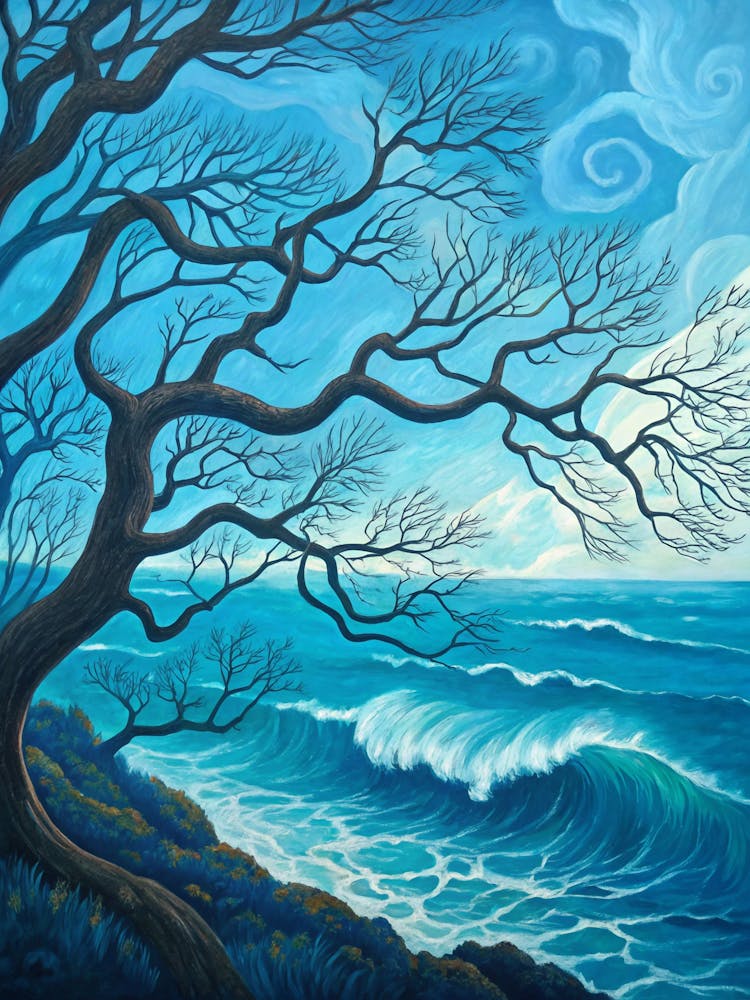 Monochromatic Beach Painting A Surrealist Oil Painting In The Style Of Van Gogh