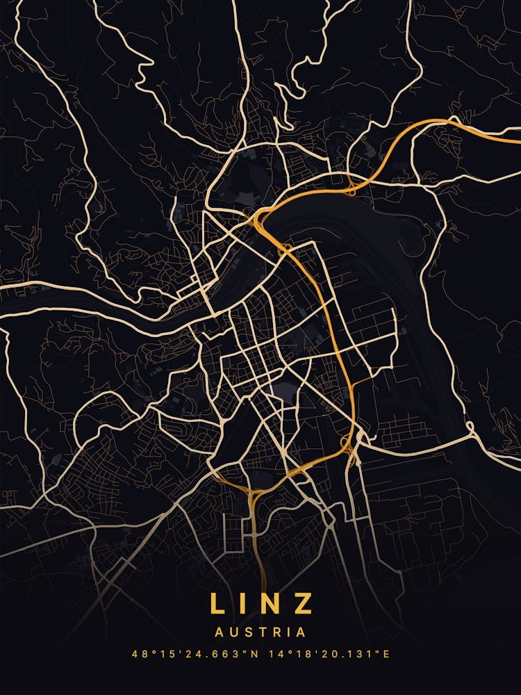 Linz Austria Black And Gold Map
