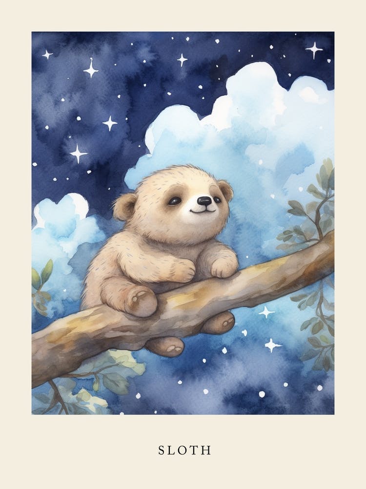 Baby Sloth Sleeping In The Clouds Nursery Poster