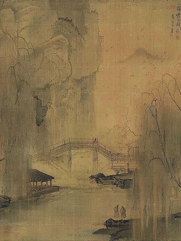 Chinese Painting, An Ancient Chinese Garden With Willow Trees And Wooden Bridges Over Small Streams In The Background, Depicting Figures Walking Along Them