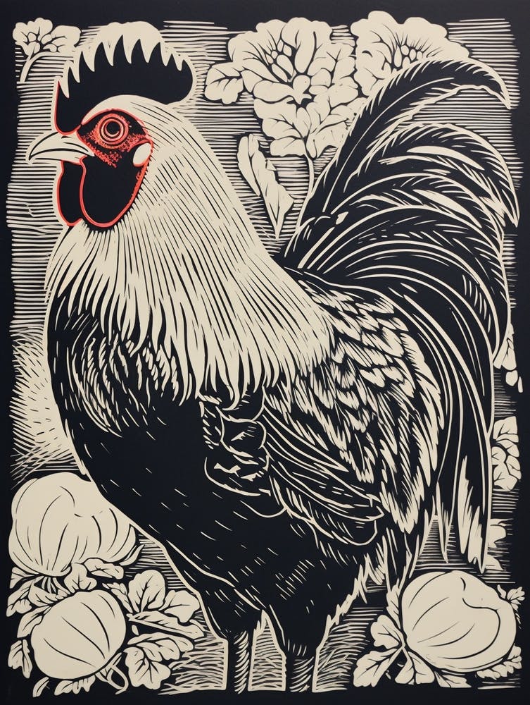 B&W Bird Linocut Chicken 7