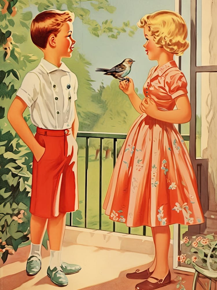 Vintage Retro Kids With Bird Illustration Kitsch 4