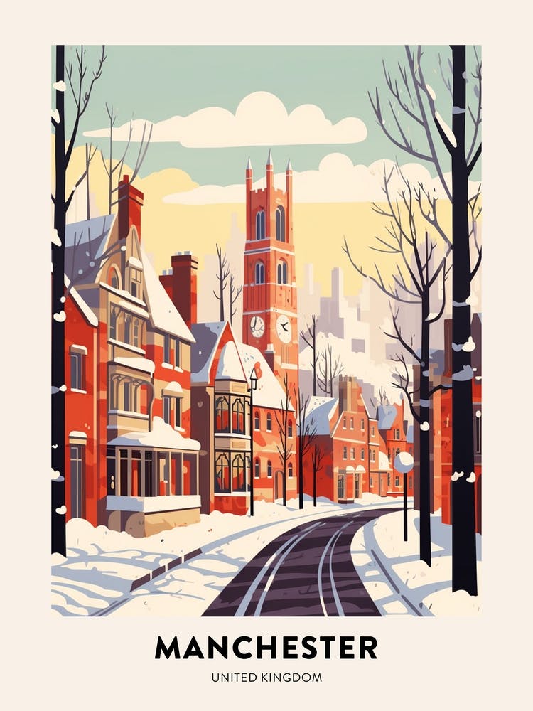 Vintage Winter Travel Poster Manchester United Kingdom 8