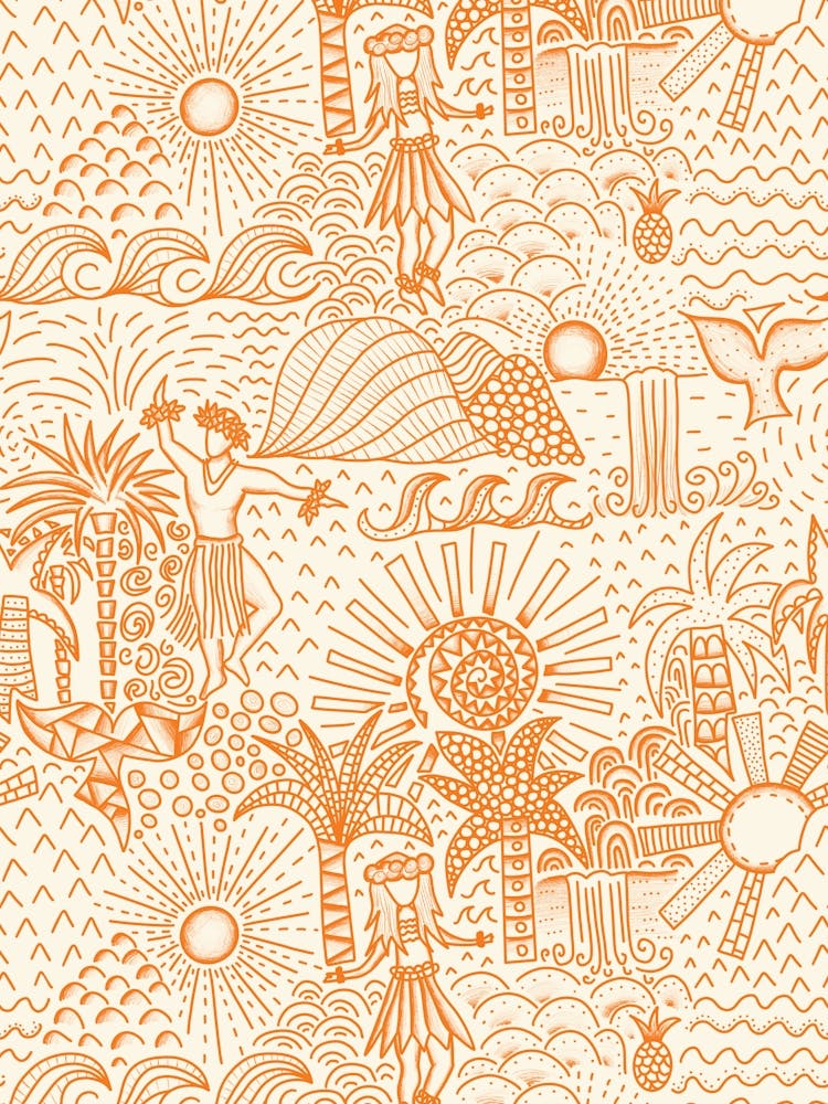 Hawaiian Toile Polynesian Hula Dance Tropical Landscape Tangerine Orange Cream White