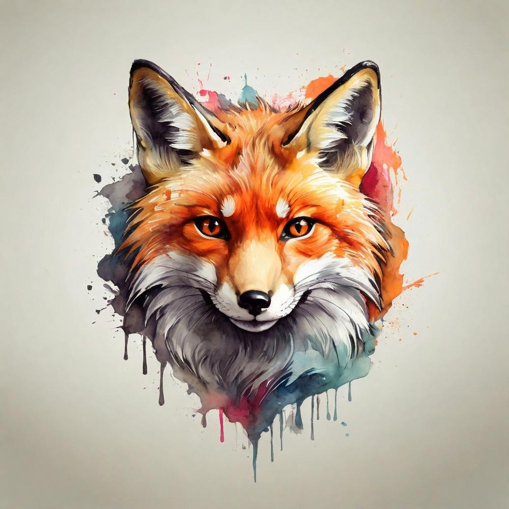 Prompt details  high quality, logo style, Watercolor, powerful colorful fox face logo facing forward, monochrome background, by yukisakura, awesome full color,