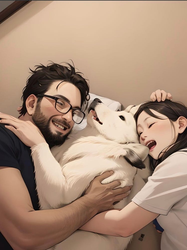 Grandpa and granddaughter Hugging A Dog