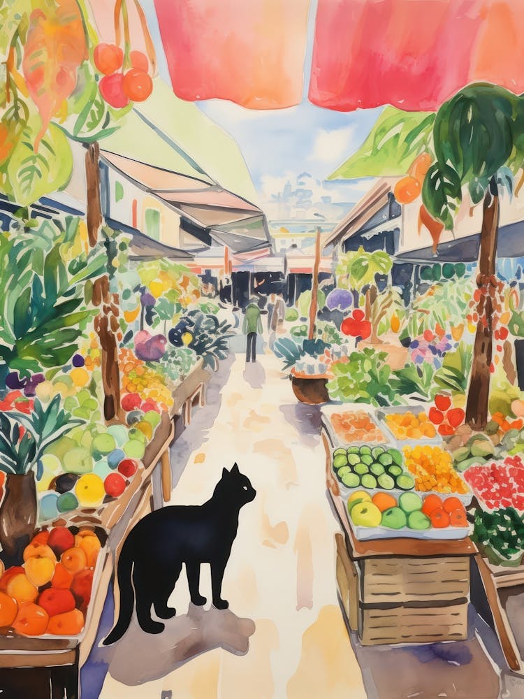 Food Market With Cats In Honolulu 2 Watercolour