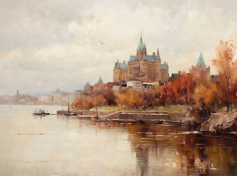Vintage Landscape Painting, Canada Quebec Cityscape Print, Neutral Autumn Cityscape Art, European Decor, Rustic Printable, Digital Download