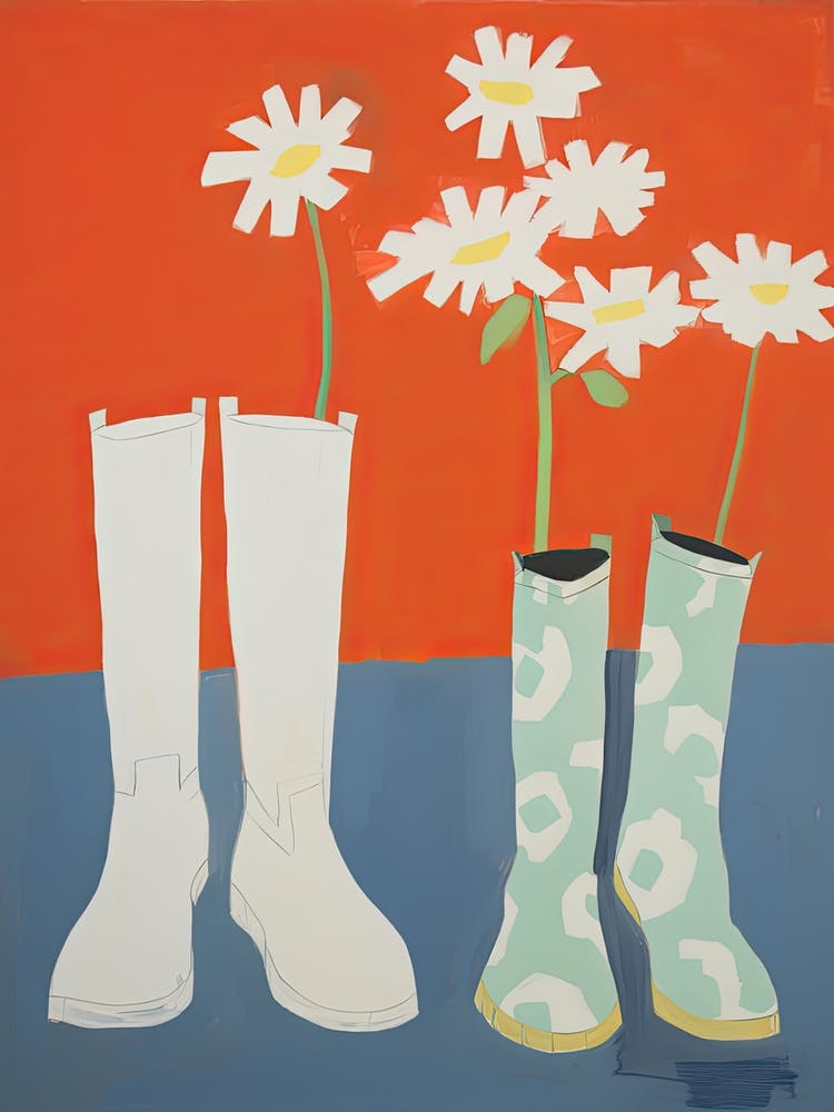 A Painting Of Cowboy Boots With Daisies Flowers, Pop Art Style 11