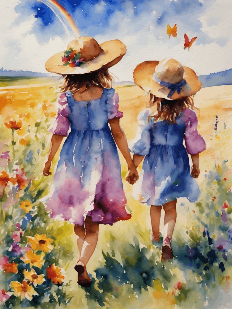 Watercolor Rainbow Children Play in the Meadow on a Summer's Day - Colorful Watercolour of Girls Playing in Pretty Dresses Carefree Perfect Painting - Happiness Joy Butterflies Flowers, Botanical Mama Gallery Wall Artwork Floral Joyful Beautiful 1