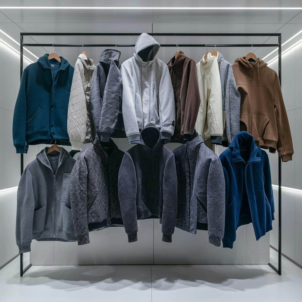 A rack of men's jackets and hoodies on a rack 1