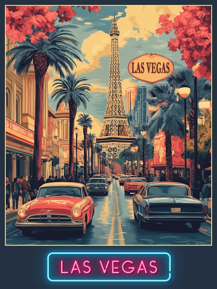 Las Vegas Cityscape with Eiffel Tower - Retro Poster