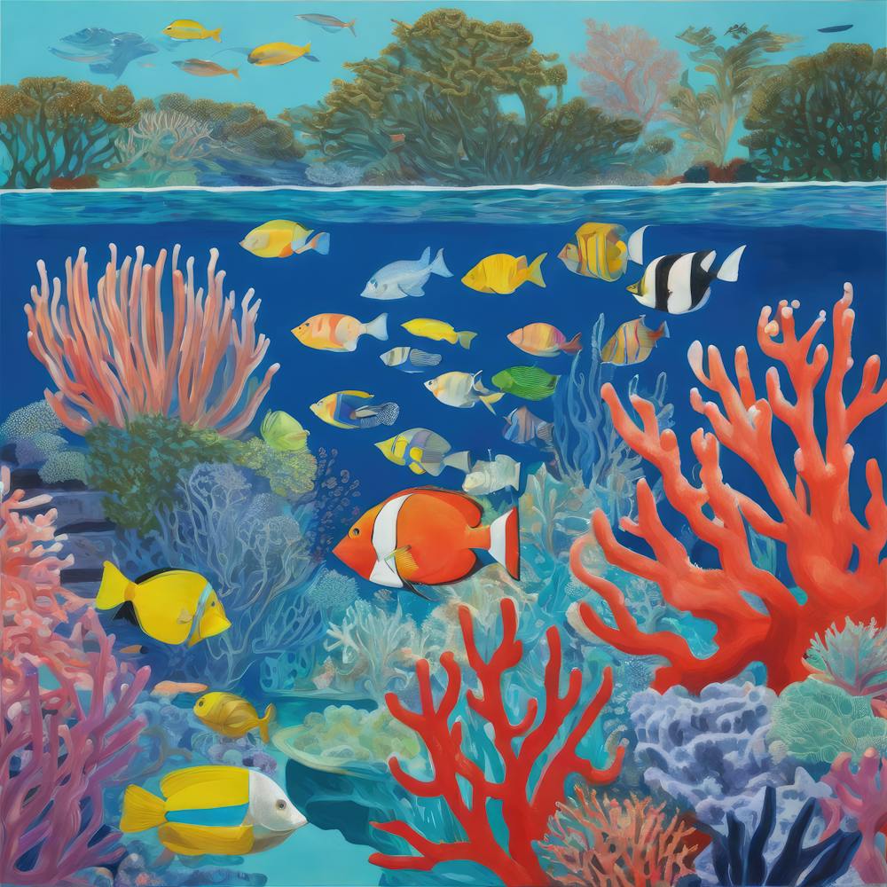 David Hockney Style: A Vibrant Coral Reef Teeming With Marine Life 2