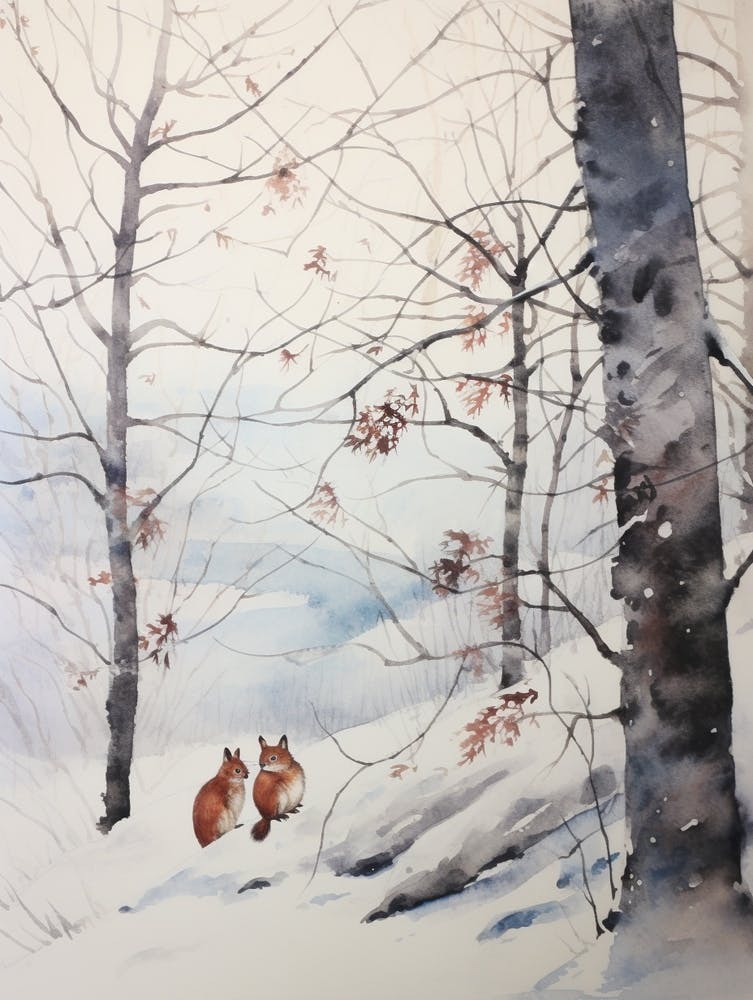 Winter Watercolour Red Squirrel 1