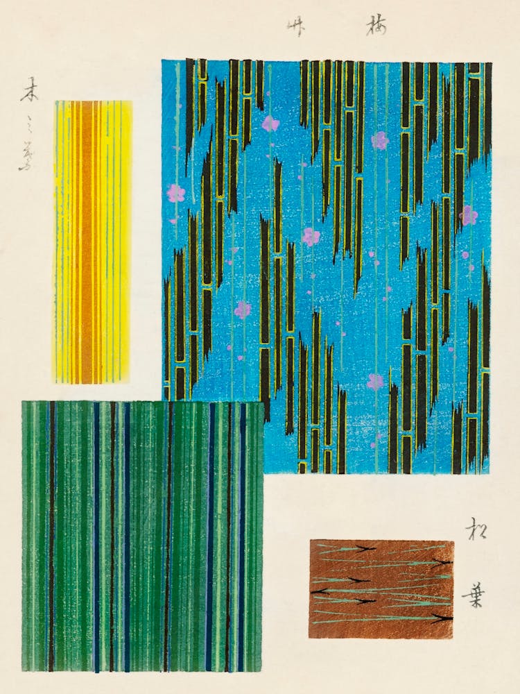 Vintage Ukiyo-e Woodblock Print Of Japanese Textile, Shima Shima, Furuya Korin (253)