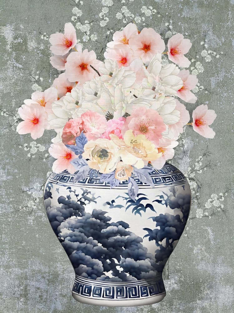 Abstract Chinoiserie Flowers in a vase vintage art