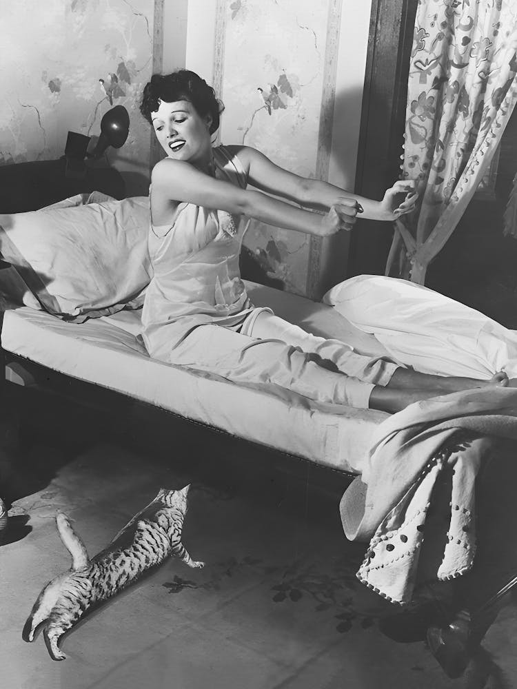 Woman And Cat Stretching, Vintage Black and White Old Photo