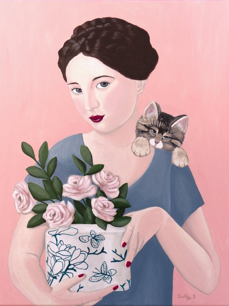 Woman With Cat And Roses