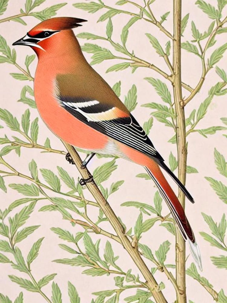 Cedar Waxwing 3 William Morris Style Bird