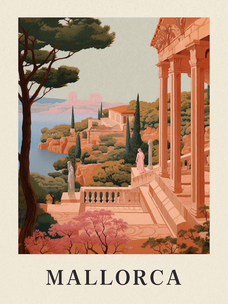Mallorca Spain 3 Vintage Pink Travel Illustration Poster