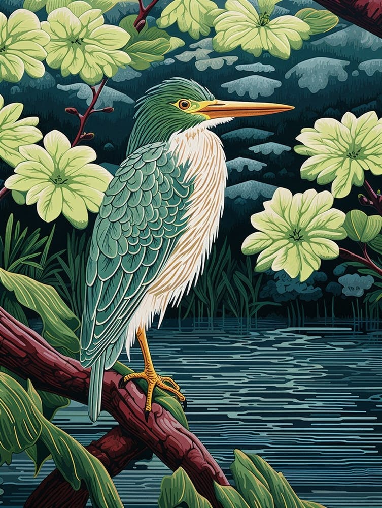 Ohara Koson Inspired Bird Painting Green Heron 4